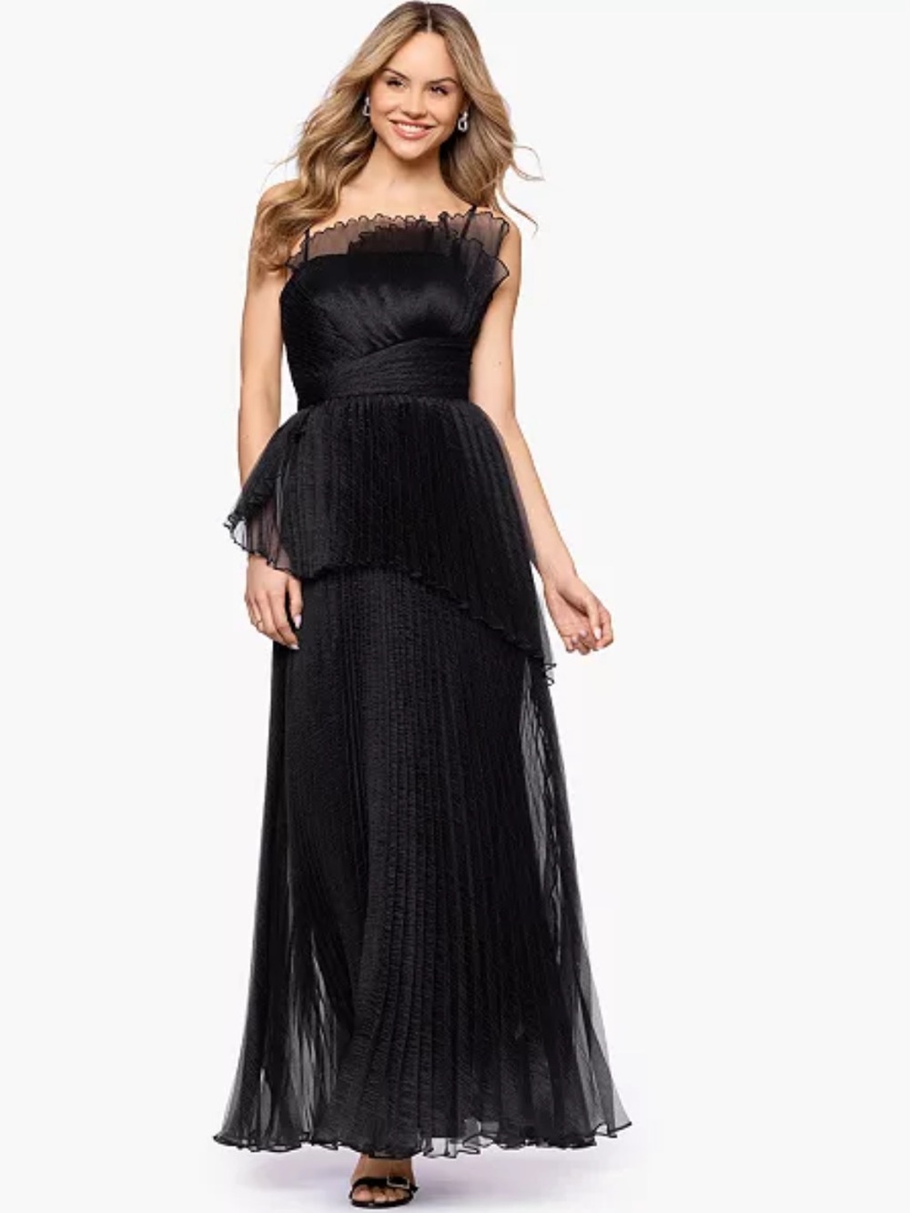 Betsy & Adam Pleated Square Neck Ball Gown